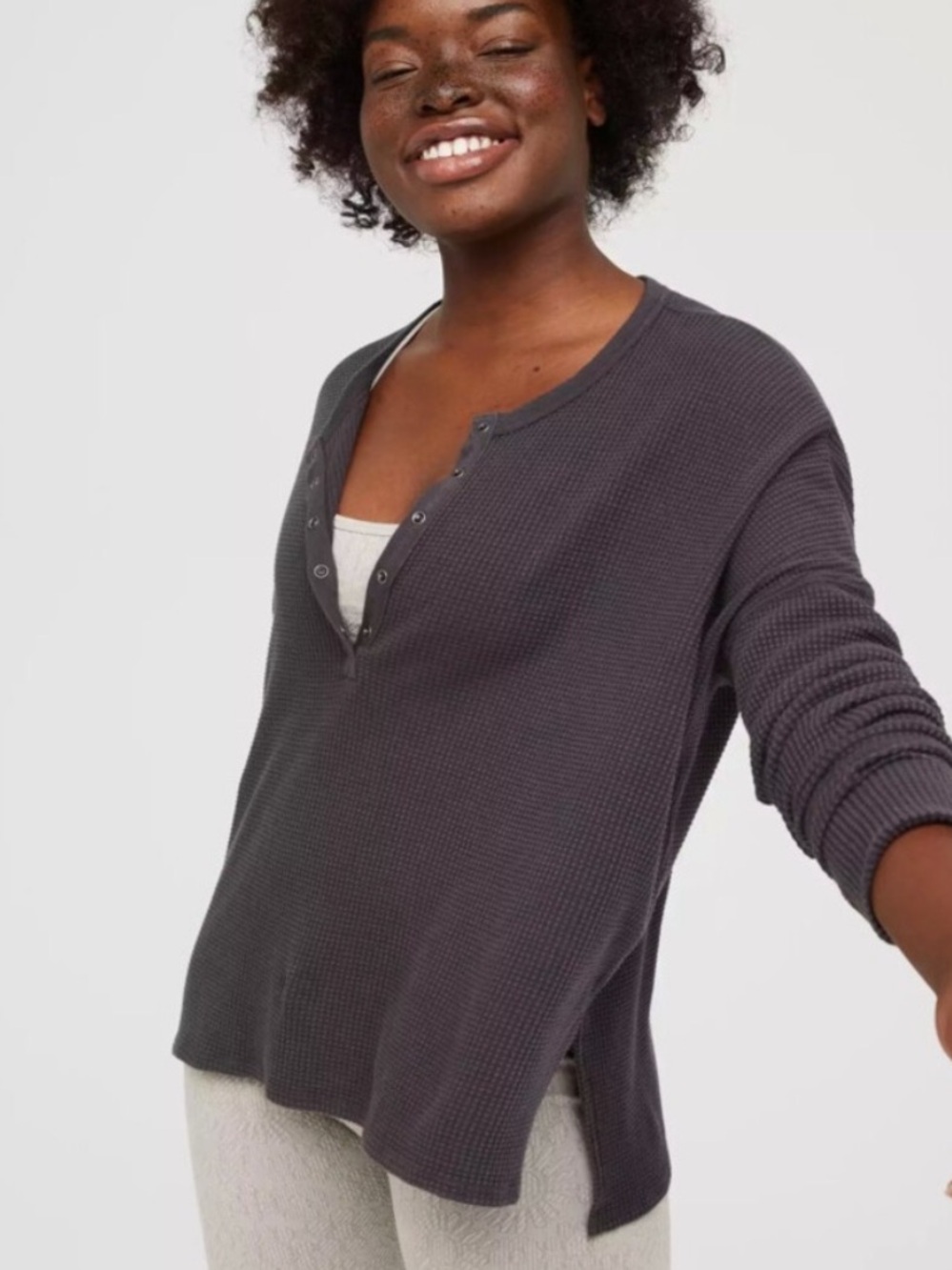 aerie Long Sleeve Waffle Henley Top in Charcoal